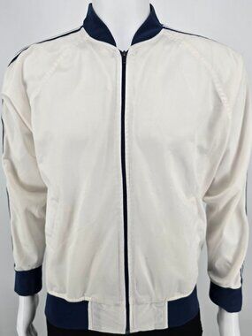 Vintage 1980s Winning Ways White/Navy Polyester Tricot Tennis Jacket (M)